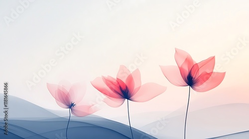 Three Translucent Pink Flowers Over Blue Hills