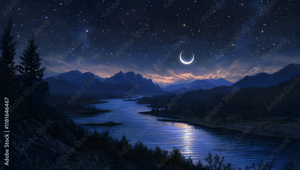 Naklejka premium Starry Night Landscape with Crescent Moon Reflecting on a Calm River Amid Majestic Mountains and Lush Forest, Capturing Nature’s Serene and Tranquil Beauty