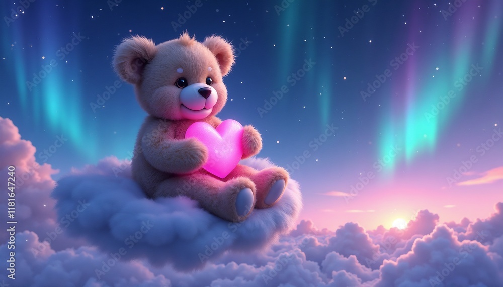 Surreal Teddy Bear Floating on Cloud Holding Glowing Heart Under Starry Sky Surreal Teddy Bear Floating on Cloud Holding Glowing Heart Under Starry Sky