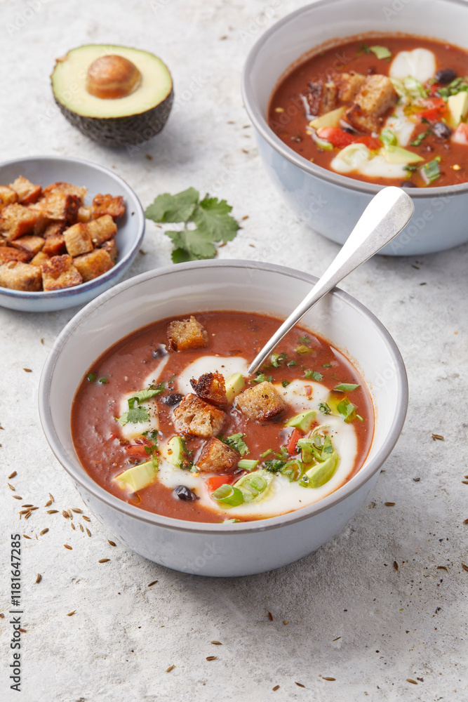 Black Bean Soup with Avocados and Croutons Black Bean Soup with Avocados and Croutons