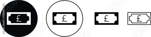 International currency symbol icons set. Currency pound black vector, salary money, invest finance, baritish pound line and flat sign isolated on transparent background