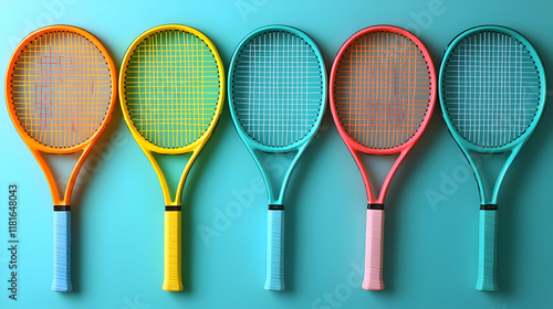 Colorful Tennis Racquets Displayed on Vibrant Teal Background photo