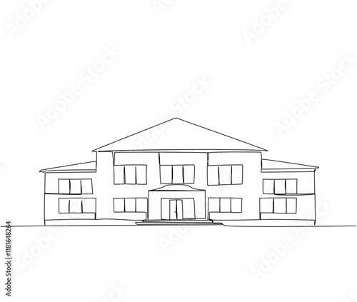 School building, kindergarten, university, college building one line art. Continuous line drawing of online learning, education, knowledge, school furniture