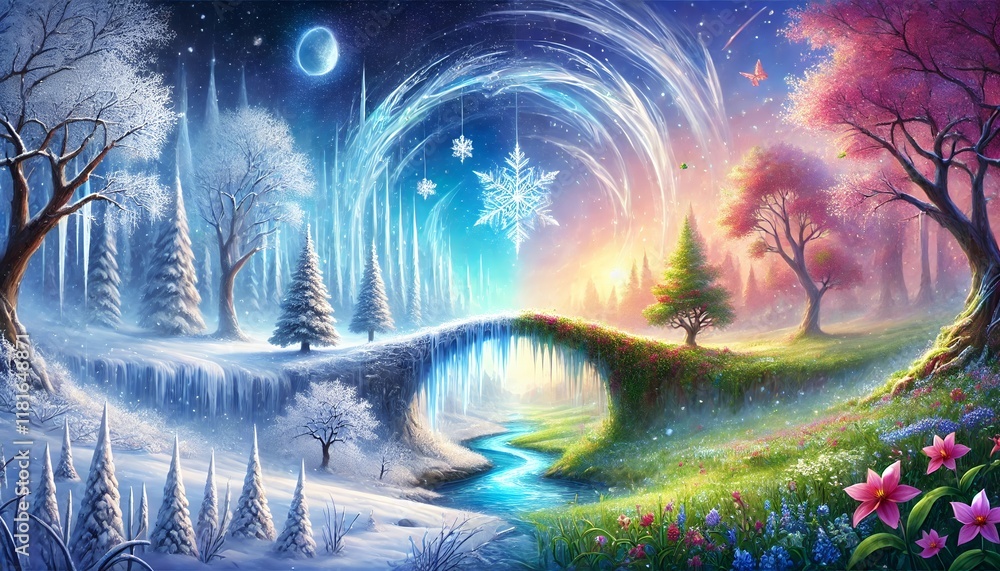 Obraz premium A Serene Horizontal Fantasy Painting Depicting a Bridge Between Winter and Spring's Vibrant Worlds
