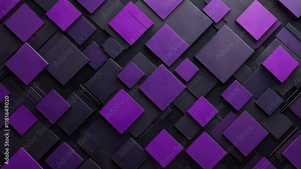 Fototapeta premium Many symmetrical purple rhombuses and squares on a black background. Bright abstract pattern of geometric carved and fancy shapes.