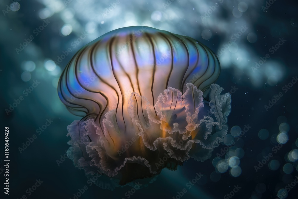 Fototapeta premium A mesmerizing jellyfish, translucent bell with vibrant hues, gracefully floats in the deep ocean.