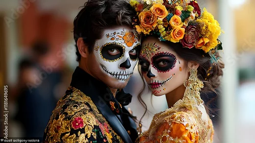 Obraz Couple Celebrates Tradition with Vibrant Skull Makeup and Floral Crowns