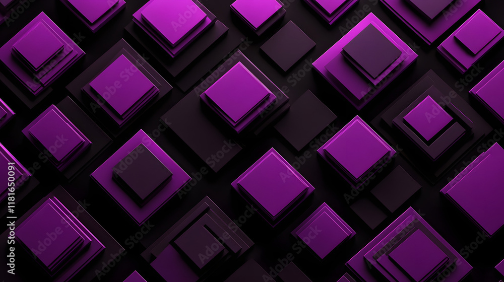 Fototapeta premium Many symmetrical purple rhombuses and squares on a black background. Bright abstract pattern of geometric carved and fancy shapes.