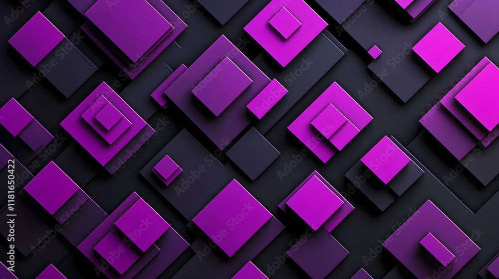 Fototapeta premium Many symmetrical purple rhombuses and squares on a black background. Bright abstract pattern of geometric carved and fancy shapes.