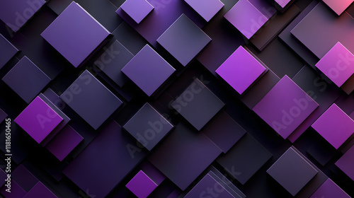 Many symmetrical purple rhombuses and squares on a black background. Bright abstract pattern of geometric carved and fancy shapes.