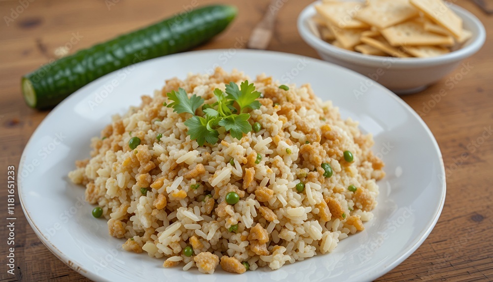 Delicious Fried Rice with Parsley and Vegetables on a White Plate Delicious Fried Rice with Parsley and Vegetables on a White Plate
