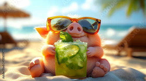 Cute Pig Enjoys Beach Cockt...