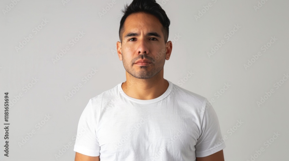 © Khalis Mustapha - Confident Hispanic man in plain white t-shirt studio portrait ideal for branding minimalist fashion marketing or advertising.