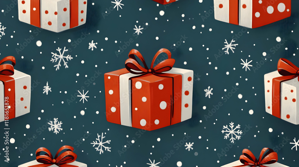 Obraz premium Gift Boxes Decorated with Red Bows and Snowflakes Gently Falling