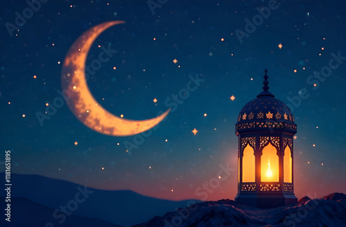 Ramadan Kareem greeting. Islamic lantern on night sky with crescent moon and stars. Blurred background