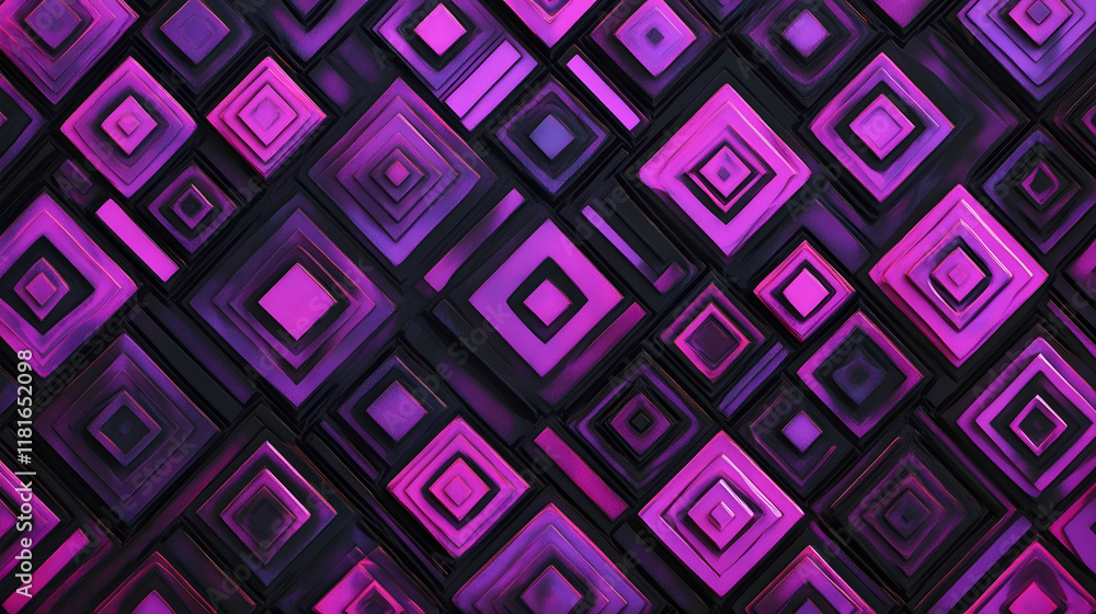 Many symmetrical purple rhombuses and squares on a black background. Bright abstract pattern of geometric carved and fancy shapes. Many symmetrical purple rhombuses and squares on a black background. Bright abstract pattern of geometric carved and fancy shapes.