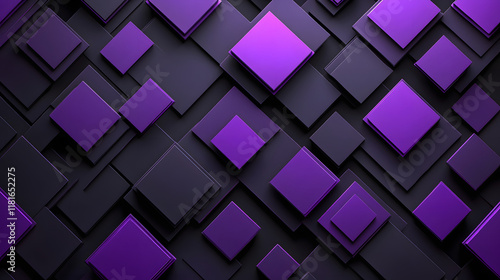 Many symmetrical purple rhombuses and squares on a black background. Bright abstract pattern of geometric carved and fancy shapes.