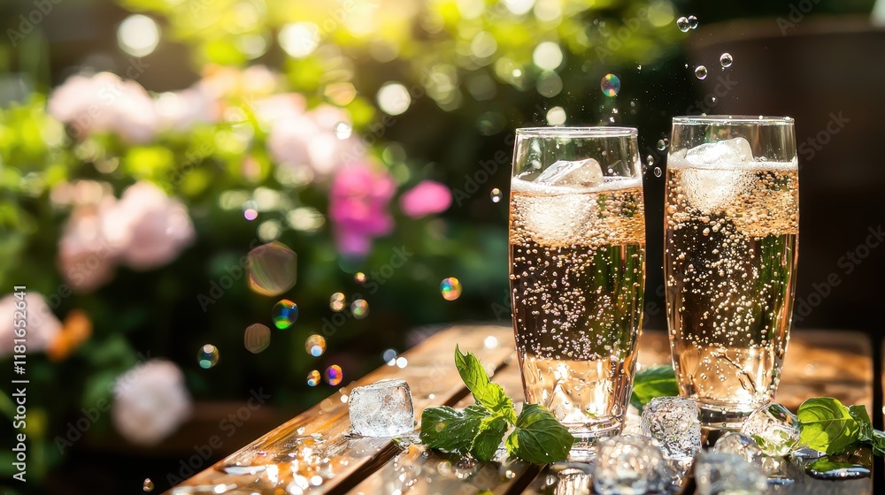 Refreshing Chilled Fizzy Drink with Sparkling Bubbles in Clear Glass on a Warm Sunny Day Refreshing Chilled Fizzy Drink with Sparkling Bubbles in Clear Glass on a Warm Sunny Day