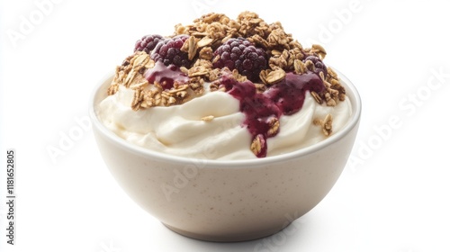 A creamy bowl of yogurt showcases a generous topping of crunchy granola and juicy berries. This healthy breakfast option highlights vibrant colors and pleasing textures, perfect for starting the day photo