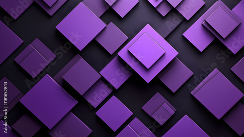 Many symmetrical purple rhombuses and squares on a black background. Bright abstract pattern of geometric carved and fancy shapes.