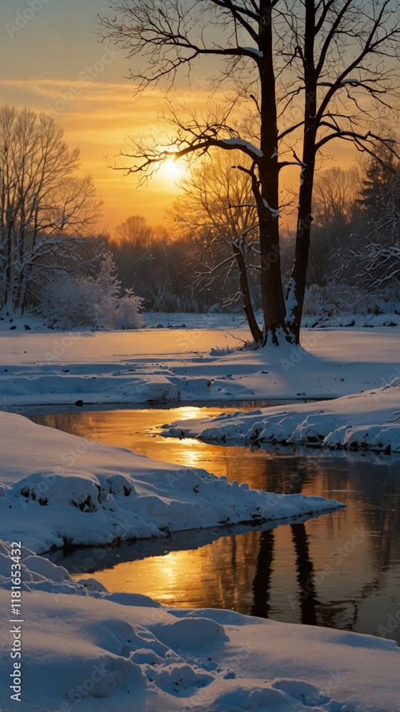Naklejka premium sunset over a winter landscape in the forest