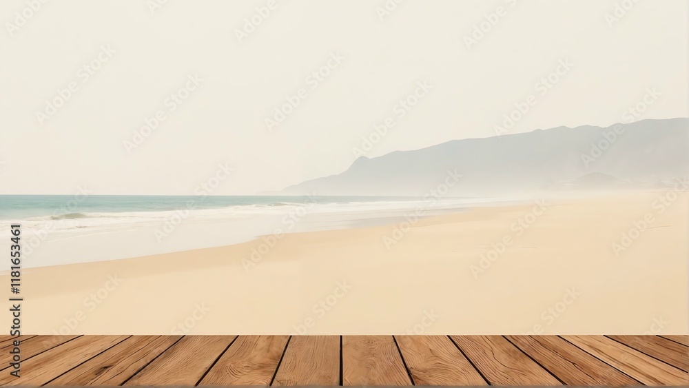 Fototapeta premium A beach landscape is displayed, with a wooden planked surface at the foreground.