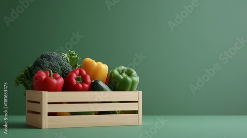 Fresh Organic Vegetables in Wooden Crate Against Minimalist Green Background : Generative AI photo