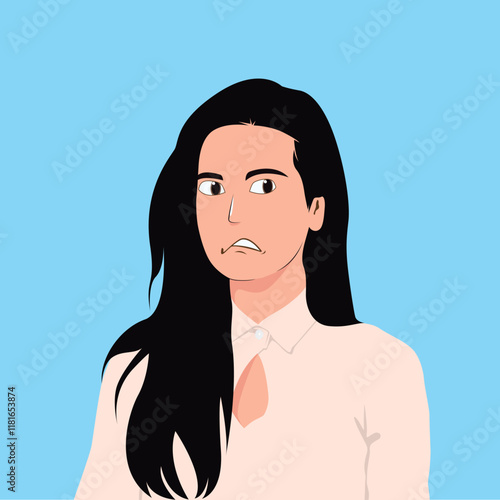 A digital illustration featuring a woman with long black hair wearing a bright pink shirt, expressing an emotion of astonishment.