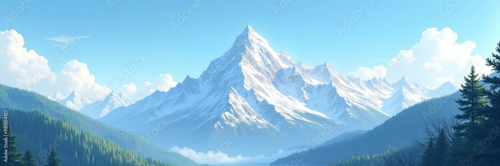 Obraz premium Majestic snow-capped mountains rise above lush green valleys under a clear blue sky