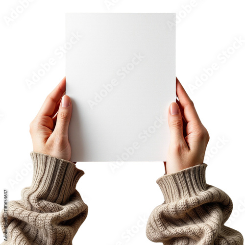 Hand holding greeting holiday card mock up, blank empty postcard.on Isolated transparent background png. generated with AI