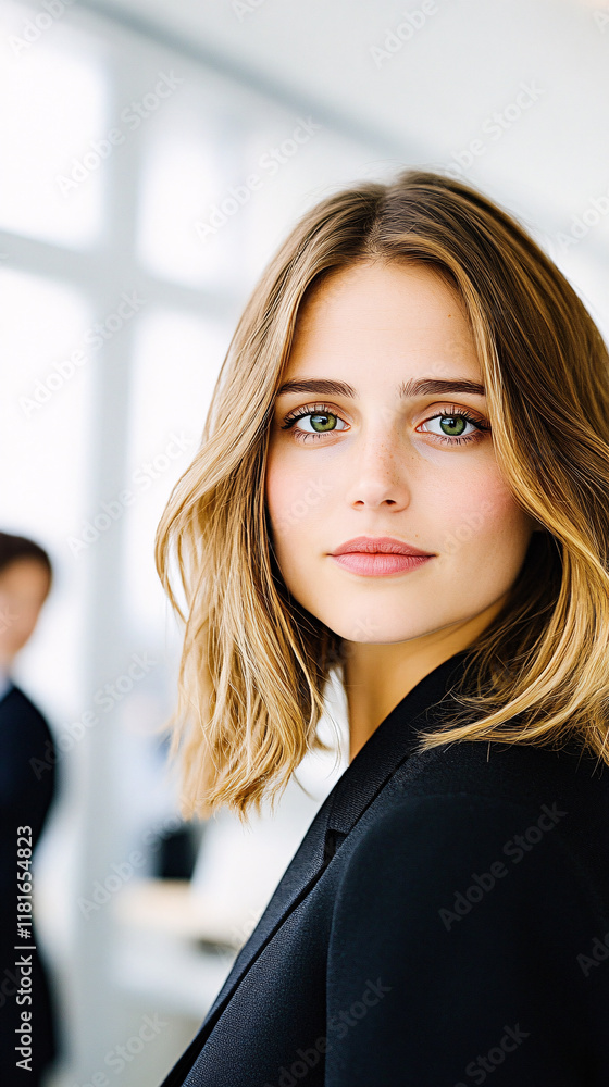 Obraz premium A woman with green eyes and a short haircut