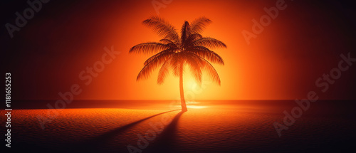 Tropischer Sonnenuntergang über dem Meer mit silhouettiertem Palmbaum


