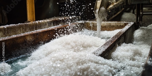 Solid residue of potassium salt accumulates in the basin of a flotation machine, highlighting the efficiency and process of separation in the extraction of potassium salt.