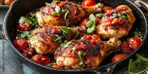 Pan fried chicken featuring vibrant tomatoes and spicy hot peppers creates a flavorful dish, showcasing chicken combined with the freshness of tomatoes and the heat of hot peppers for a savory photo