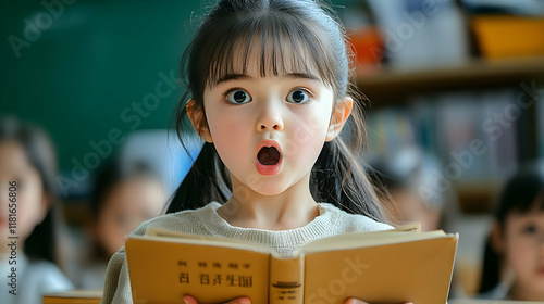 Child Reads Book with Surpr...