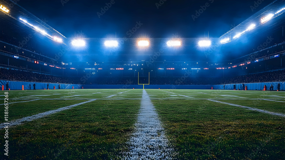 Football Field Lights Up Stadium at Night for Championship Game Football Field Lights Up Stadium at Night for Championship Game