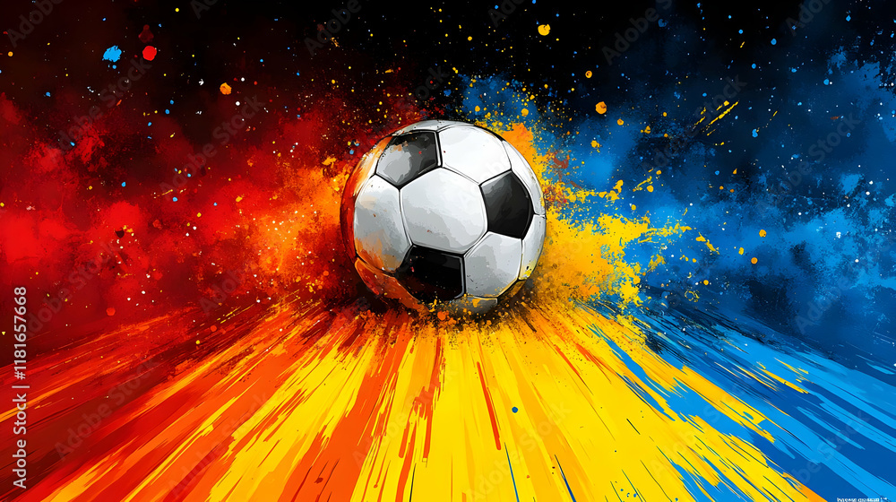 Naklejka premium Soccer Ball Explodes with Colorful Paint Splatter Background