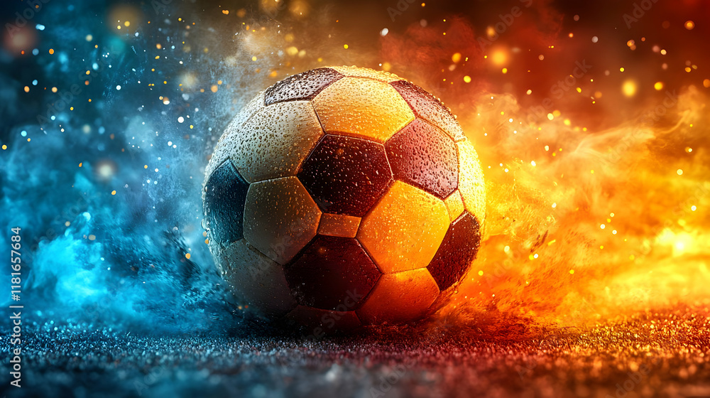 Fototapeta premium Soccer Ball Meets Fire and Ice: A Dramatic Visual Spectacle