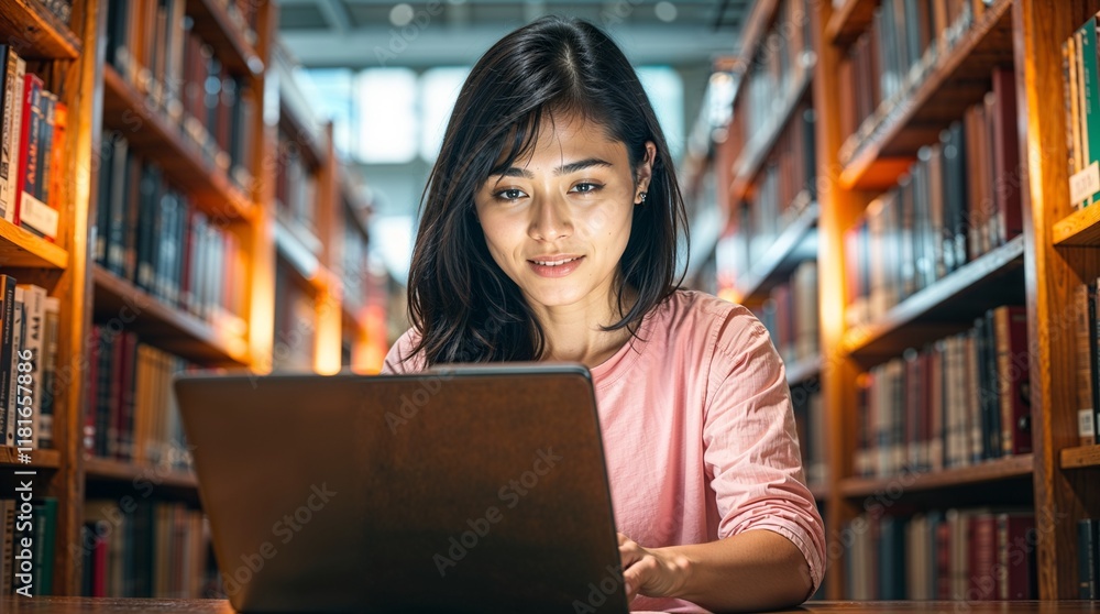 An Asian student with calm features uses a laptop in a library An Asian student with calm features uses a laptop in a library