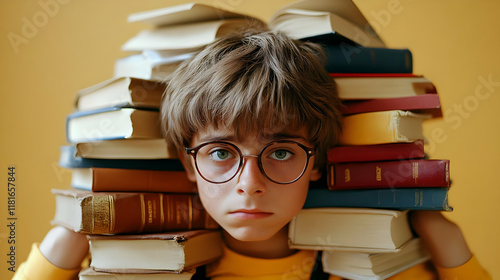 Child Holds Stack of Books,...