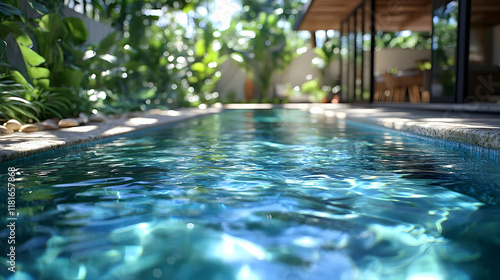 Tropical Pool Water Glistens with Garden View