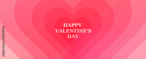 Heart vector background. Happy Valentines day text. Love pattern with overlay gradient hearts. Geometric romance minimal banner. Modern romantic abstract art in pink, light red color