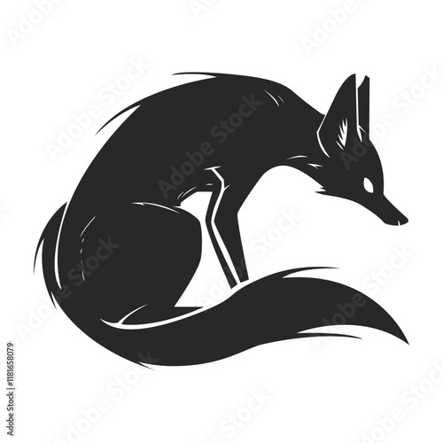 Vector black and white illustration of fox silhouette drawn in cartoon style. Isolated on white background clip art object. Wild shaggy baby fox. Simple flat style graphic. Concept digital art.