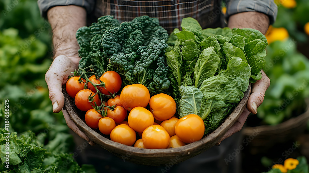 Fototapeta premium Fresh Produce Harvest: Tomatoes, Kale, and Lettuce from the Garden