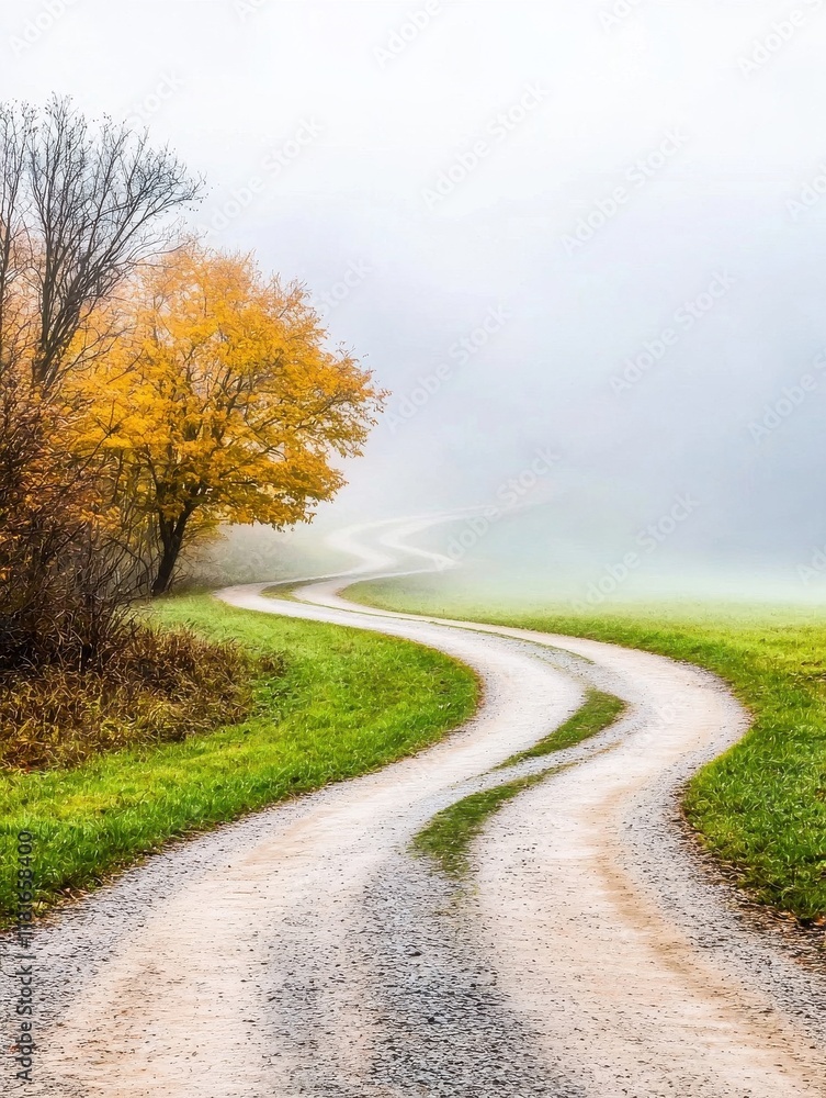 Fototapeta premium A winding path through a misty landscape with autumn trees.