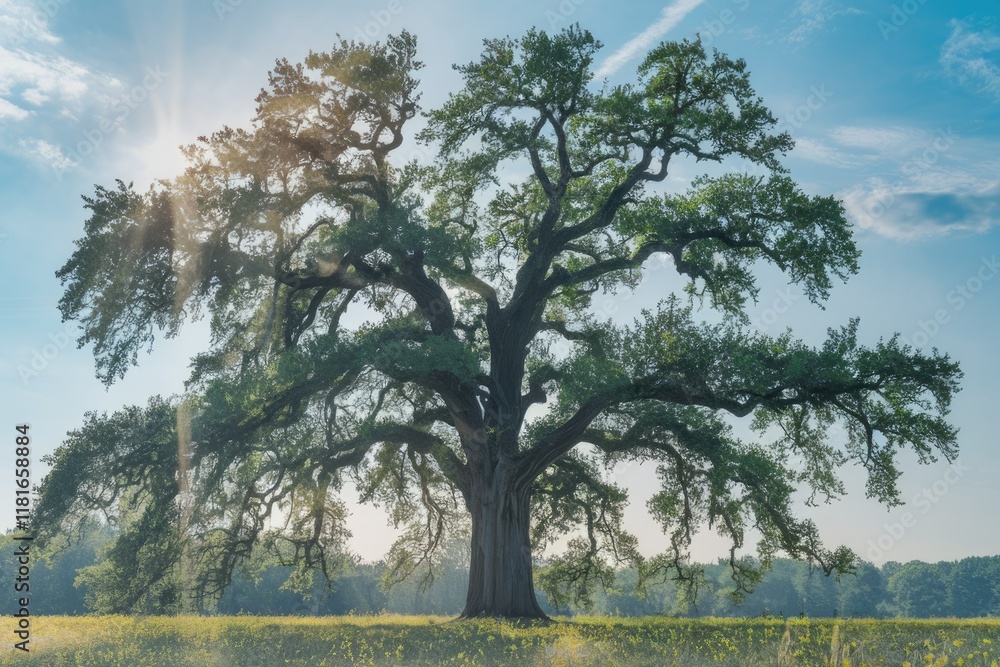 Obraz premium Majestic oak tree stands tall in a sunlit field, showcasing its immense size and age.