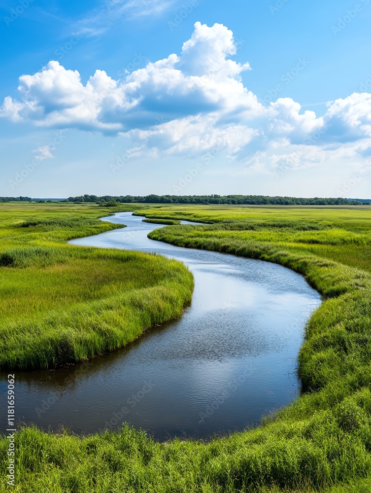 A serene river flowing through lush green fields. A serene river flowing through lush green fields.