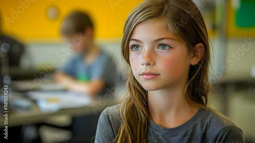 Girl Thinks in Classroom wi...