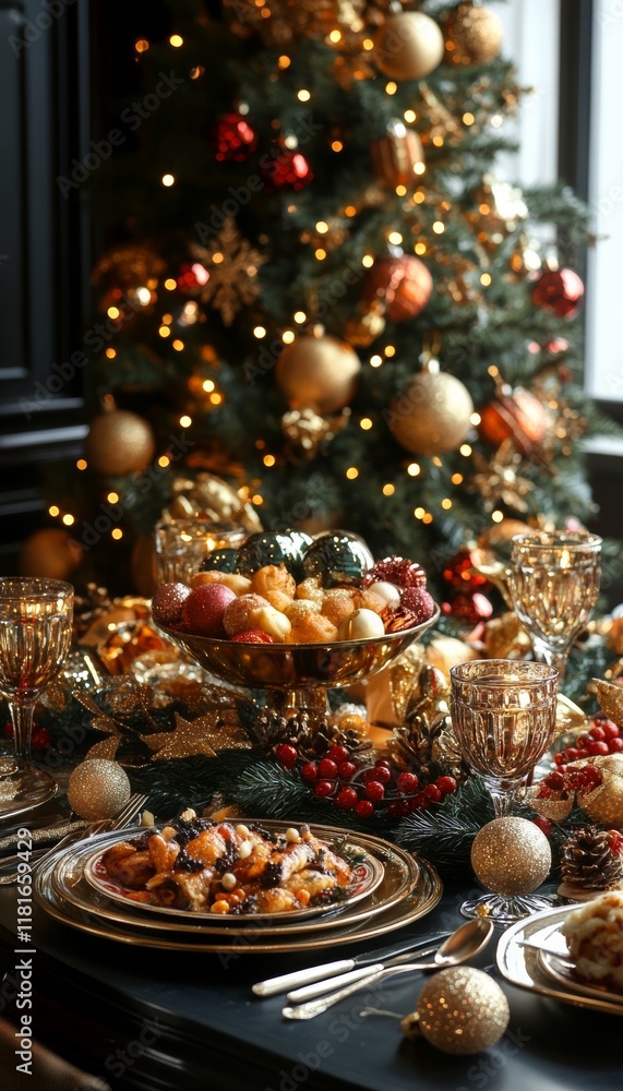 Festive Holiday Dinner Table Setting with Decorated Christmas Tree Background, Lit by String Lights Festive Holiday Dinner Table Setting with Decorated Christmas Tree Background, Lit by String Lights