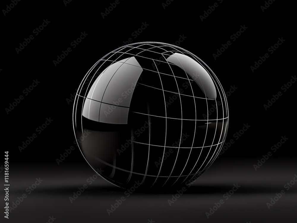 A sleek black 3D sphere with grid lines. A sleek black 3D sphere with grid lines.